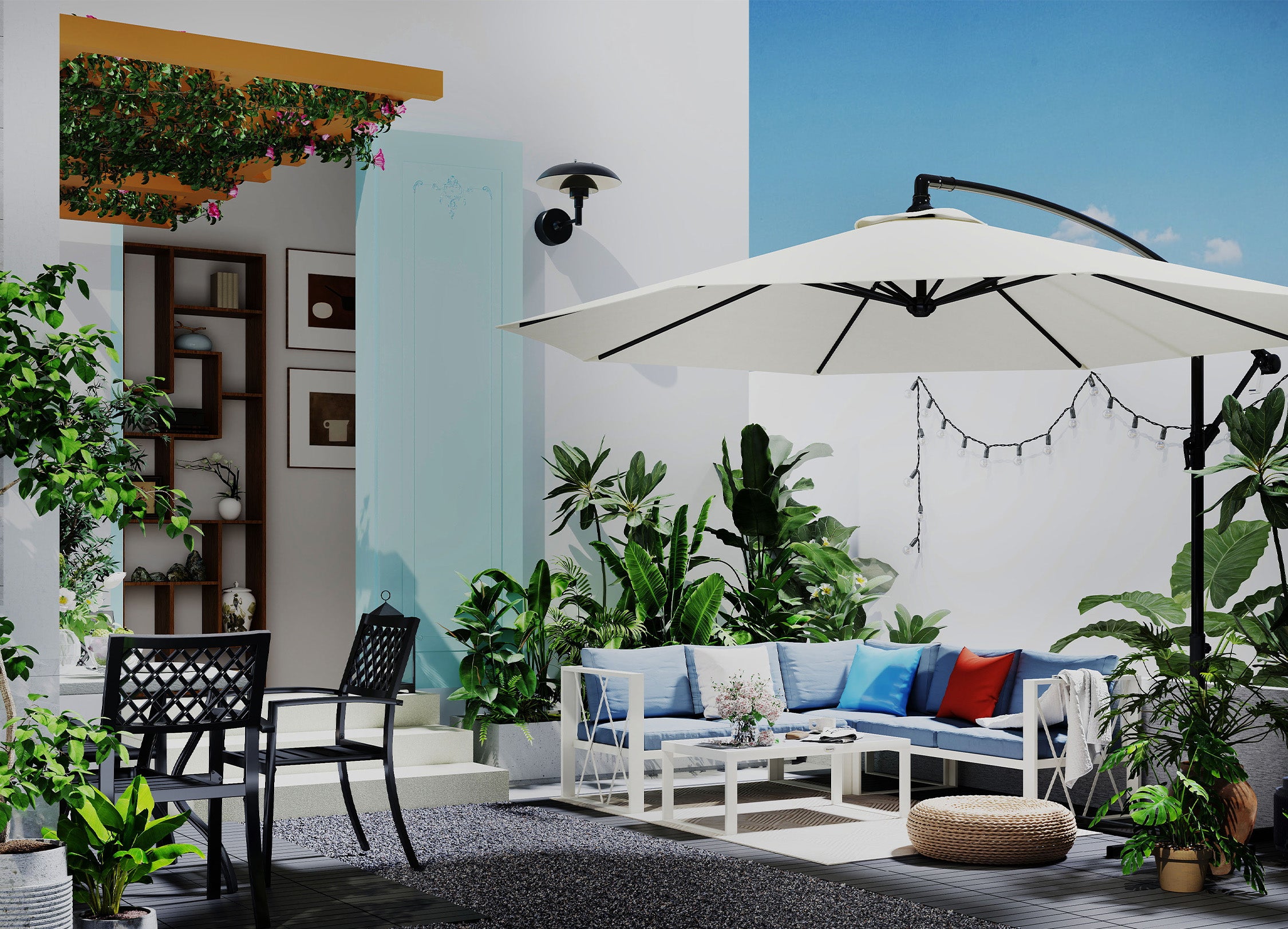 Outdoor patio with white umbrella, couch, chairs, and plants on a sunny day.