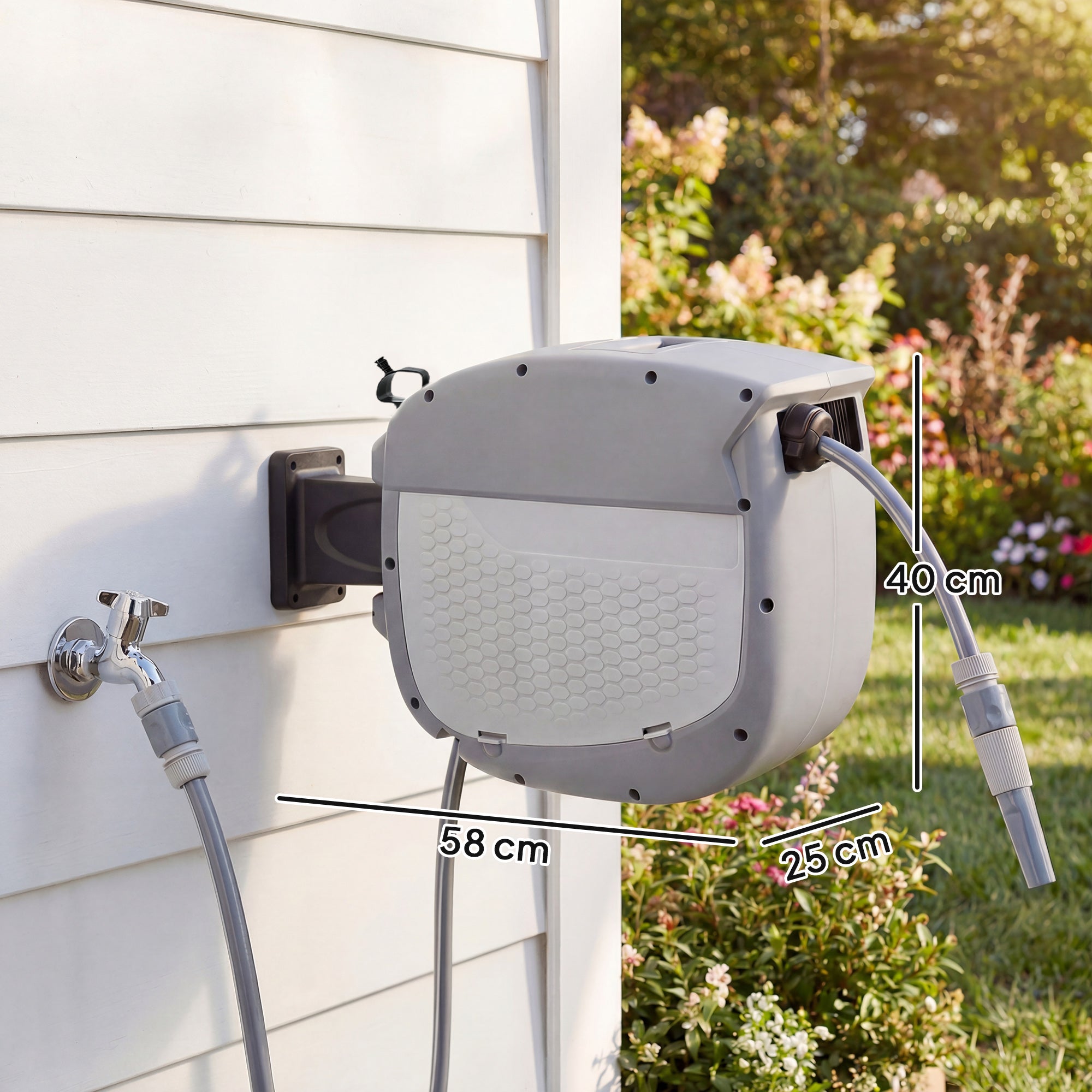 98 ft (30 m) Retractable Garden Hose Reel — 180° Swivel, Auto-Retract & Self-Locking, Wall-Mount, Gray