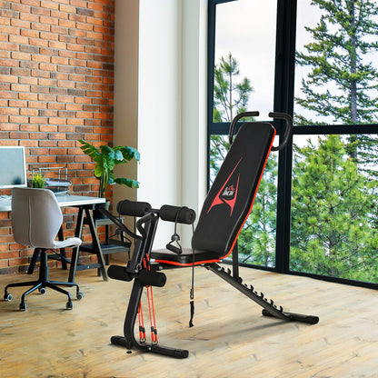 Weight Bench Adjustable Training Bench with Elastic Ropes Sit Up Bench for Home Workout 6 Levels Backrest Decline Weight up to 150 kg Steel Faux Leather Black+Red 145 x 49 x 48-127 cm