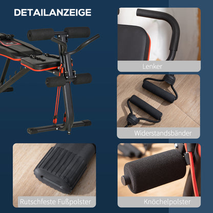 Weight Bench Adjustable Training Bench with Elastic Ropes Sit Up Bench for Home Workout 6 Levels Backrest Decline Weight up to 150 kg Steel Faux Leather Black+Red 145 x 49 x 48-127 cm