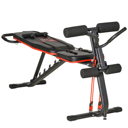 Weight Bench Adjustable Training Bench with Elastic Ropes Sit Up Bench for Home Workout 6 Levels Backrest Decline Weight up to 150 kg Steel Faux Leather Black+Red 145 x 49 x 48-127 cm