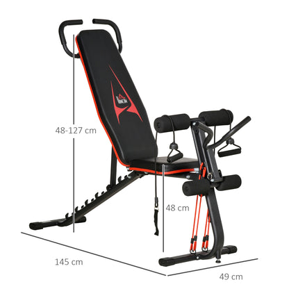 Weight Bench Adjustable Training Bench with Elastic Ropes Sit Up Bench for Home Workout 6 Levels Backrest Decline Weight up to 150 kg Steel Faux Leather Black+Red 145 x 49 x 48-127 cm