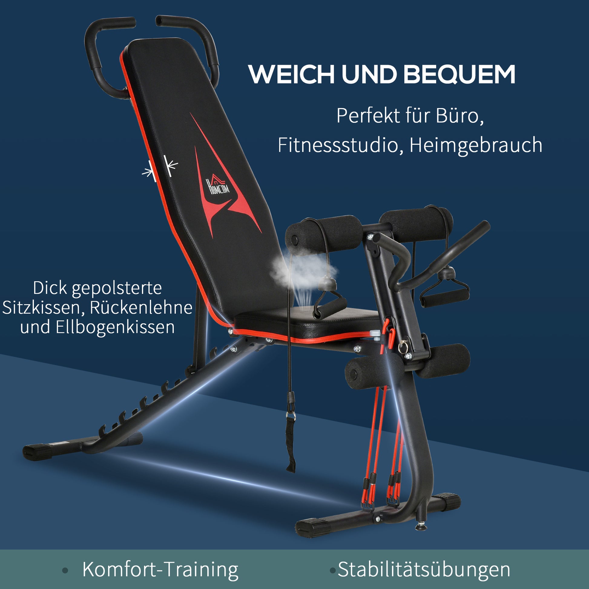 Weight Bench Adjustable Training Bench with Elastic Ropes Sit Up Bench for Home Workout 6 Levels Backrest Decline Weight up to 150 kg Steel Faux Leather Black+Red 145 x 49 x 48-127 cm