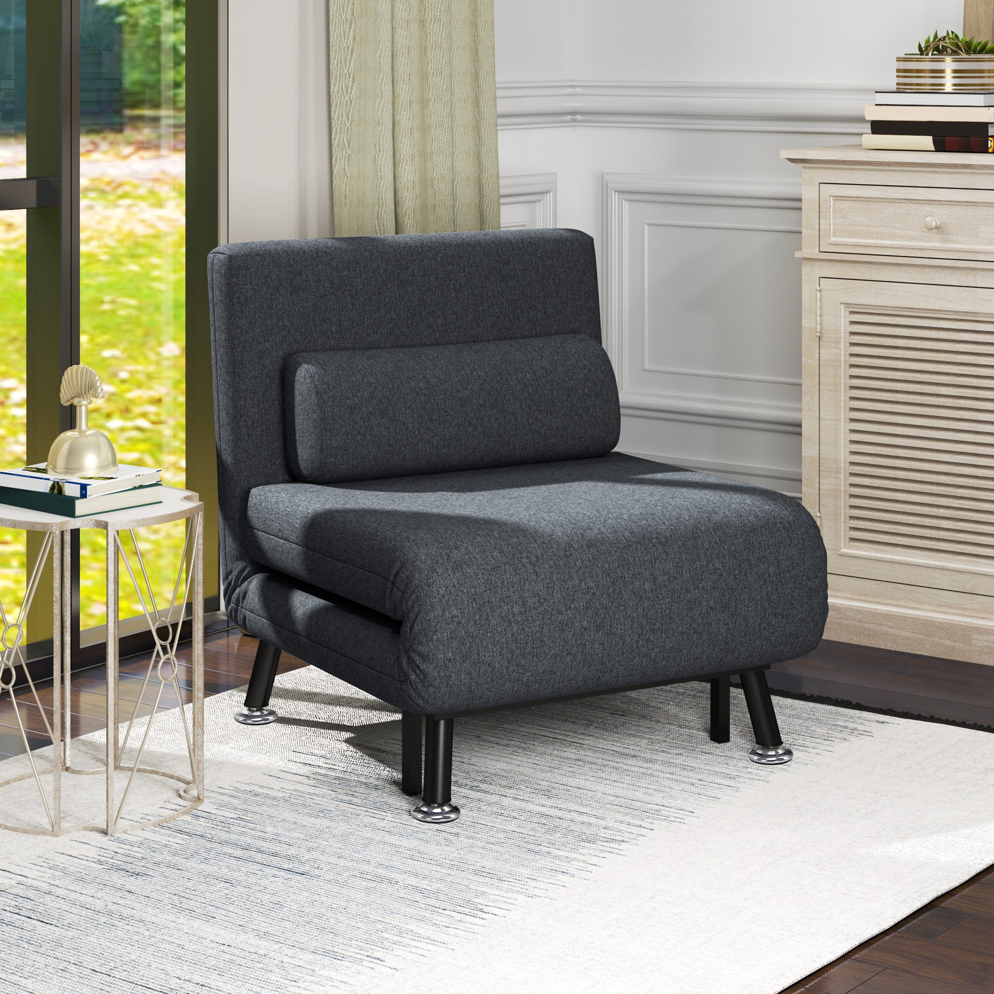 Single 3 in 1 Sleeper Armchair with 5-Level Reclining Back, Padded Cushion and Mattress, Folding Single Sofa Bed for Living Room, in Steel, Linen, 75x70x75cm, Dark Grey