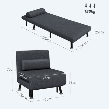 Single 3 in 1 Sleeper Armchair with 5-Level Reclining Back, Padded Cushion and Mattress, Folding Single Sofa Bed for Living Room, in Steel, Linen, 75x70x75cm, Dark Grey