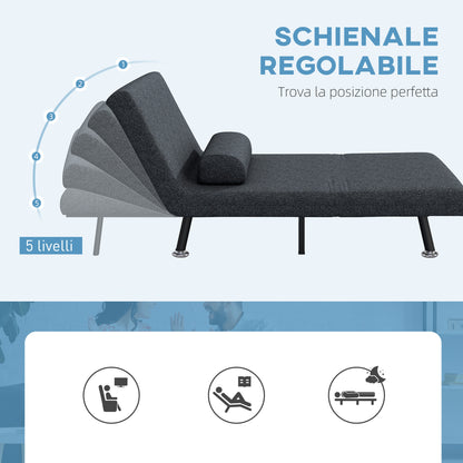 Single 3 in 1 Sleeper Armchair with 5-Level Reclining Back, Padded Cushion and Mattress, Folding Single Sofa Bed for Living Room, in Steel, Linen, 75x70x75cm, Dark Grey