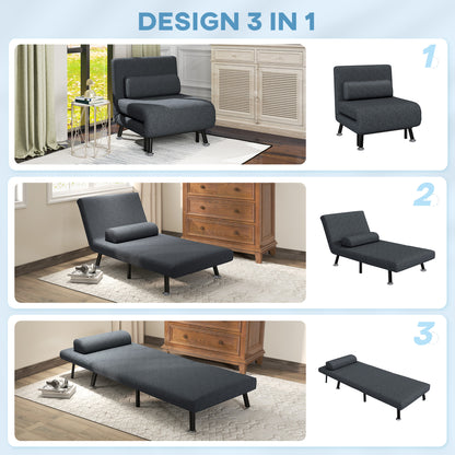 Single 3 in 1 Sleeper Armchair with 5-Level Reclining Back, Padded Cushion and Mattress, Folding Single Sofa Bed for Living Room, in Steel, Linen, 75x70x75cm, Dark Grey