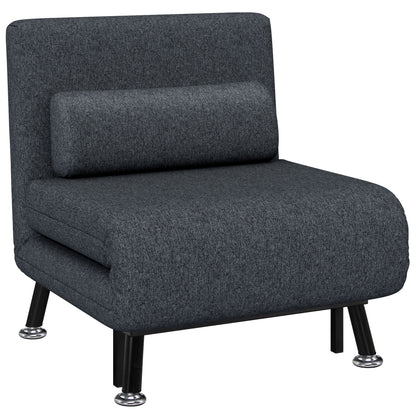Single 3 in 1 Sleeper Armchair with 5-Level Reclining Back, Padded Cushion and Mattress, Folding Single Sofa Bed for Living Room, in Steel, Linen, 75x70x75cm, Dark Grey
