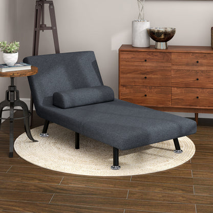 Single 3 in 1 Sleeper Armchair with 5-Level Reclining Back, Padded Cushion and Mattress, Folding Single Sofa Bed for Living Room, in Steel, Linen, 75x70x75cm, Dark Grey