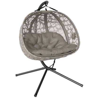 Hanging Chair, 2 Seater Swing Chair with Cushion, Hanging Swing with Foldable Seat Basket, Side Pockets for Indoor, Outdoor, Up to 240 kg Capacity, Polyester+Steel, Sand