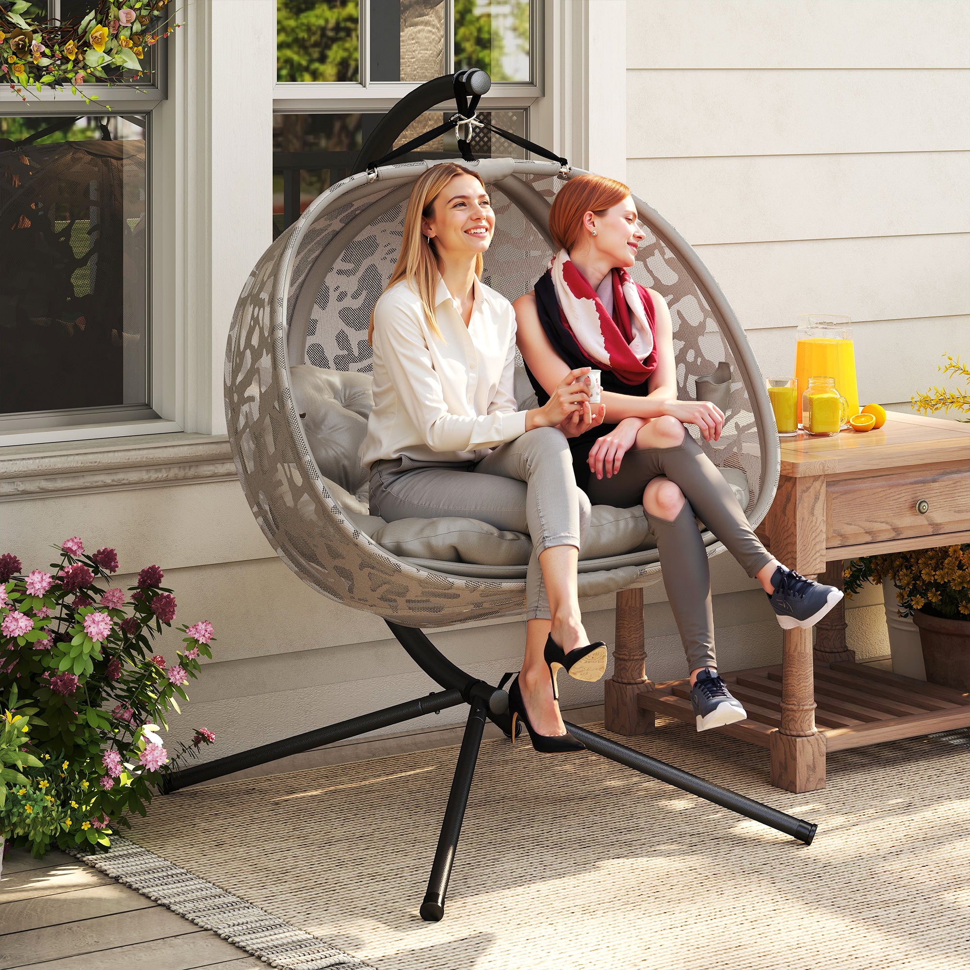 Hanging Chair, 2 Seater Swing Chair with Cushion, Hanging Swing with Foldable Seat Basket, Side Pockets for Indoor, Outdoor, Up to 240 kg Capacity, Polyester+Steel, Sand