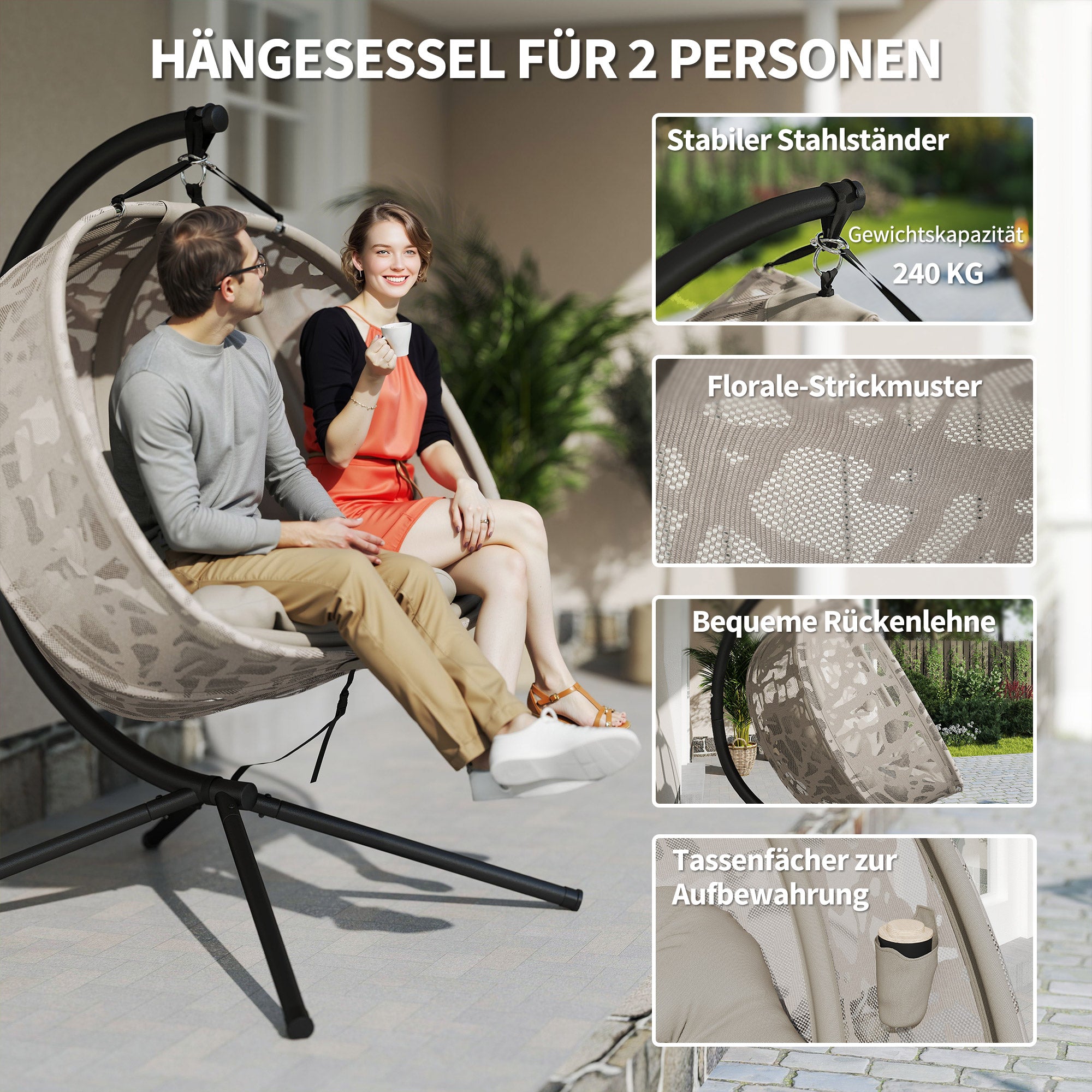Hanging Chair, 2 Seater Swing Chair with Cushion, Hanging Swing with Foldable Seat Basket, Side Pockets for Indoor, Outdoor, Up to 240 kg Capacity, Polyester+Steel, Sand
