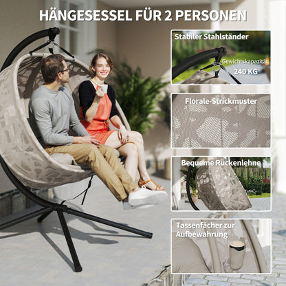 Hanging Chair, 2 Seater Swing Chair with Cushion, Hanging Swing with Foldable Seat Basket, Side Pockets for Indoor, Outdoor, Up to 240 kg Capacity, Polyester+Steel, Sand