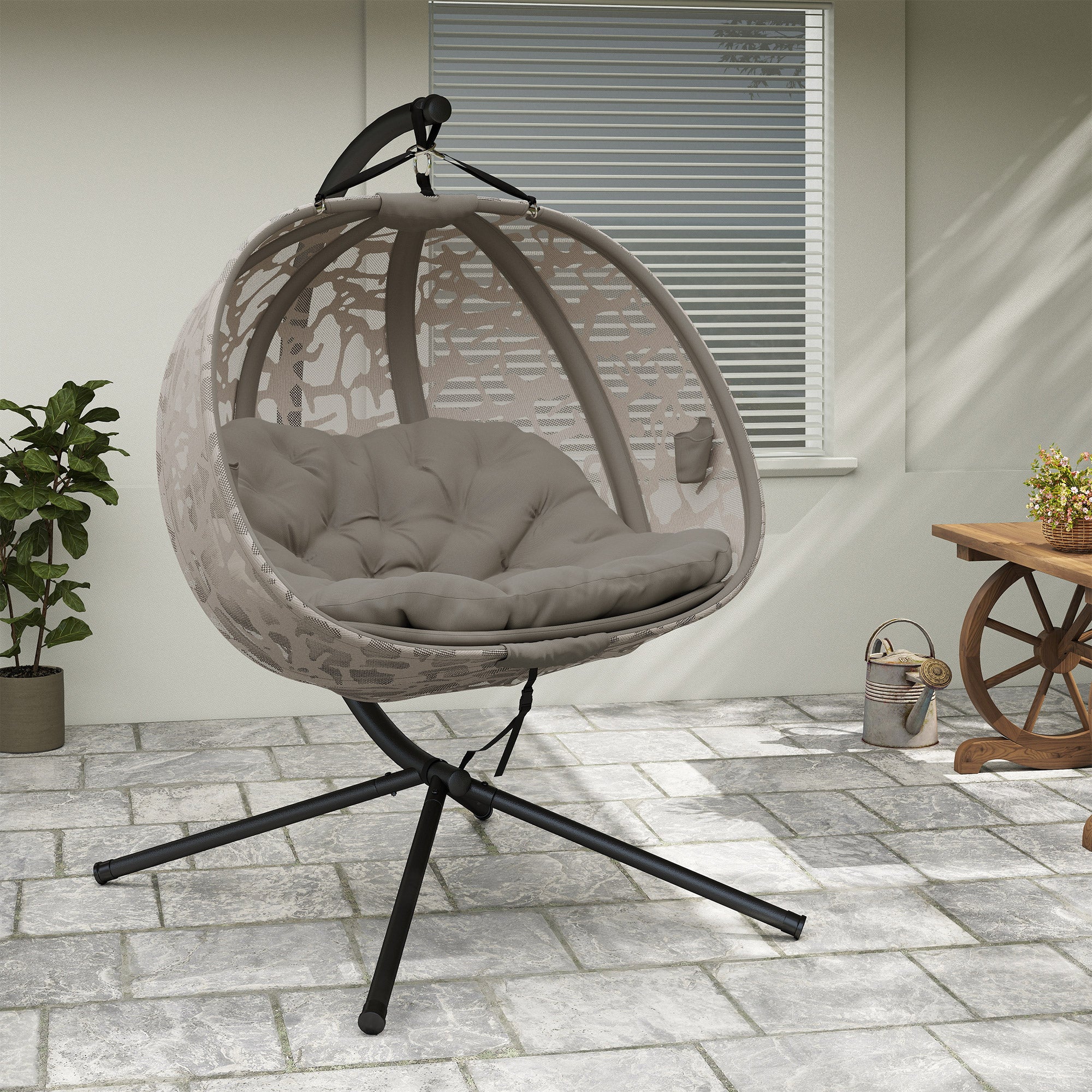 Hanging Chair, 2 Seater Swing Chair with Cushion, Hanging Swing with Foldable Seat Basket, Side Pockets for Indoor, Outdoor, Up to 240 kg Capacity, Polyester+Steel, Sand