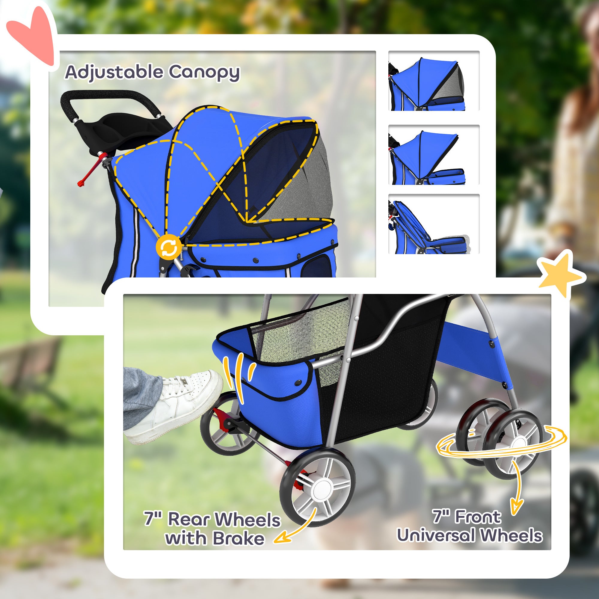 Foldable Dog Stroller — Rain Cover, Reflective Strips, 360° Swivel Wheels, Brakes, Washable Cushion — Blue