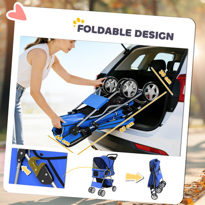Foldable Dog Stroller — Rain Cover, Reflective Strips, 360° Swivel Wheels, Brakes, Washable Cushion — Blue