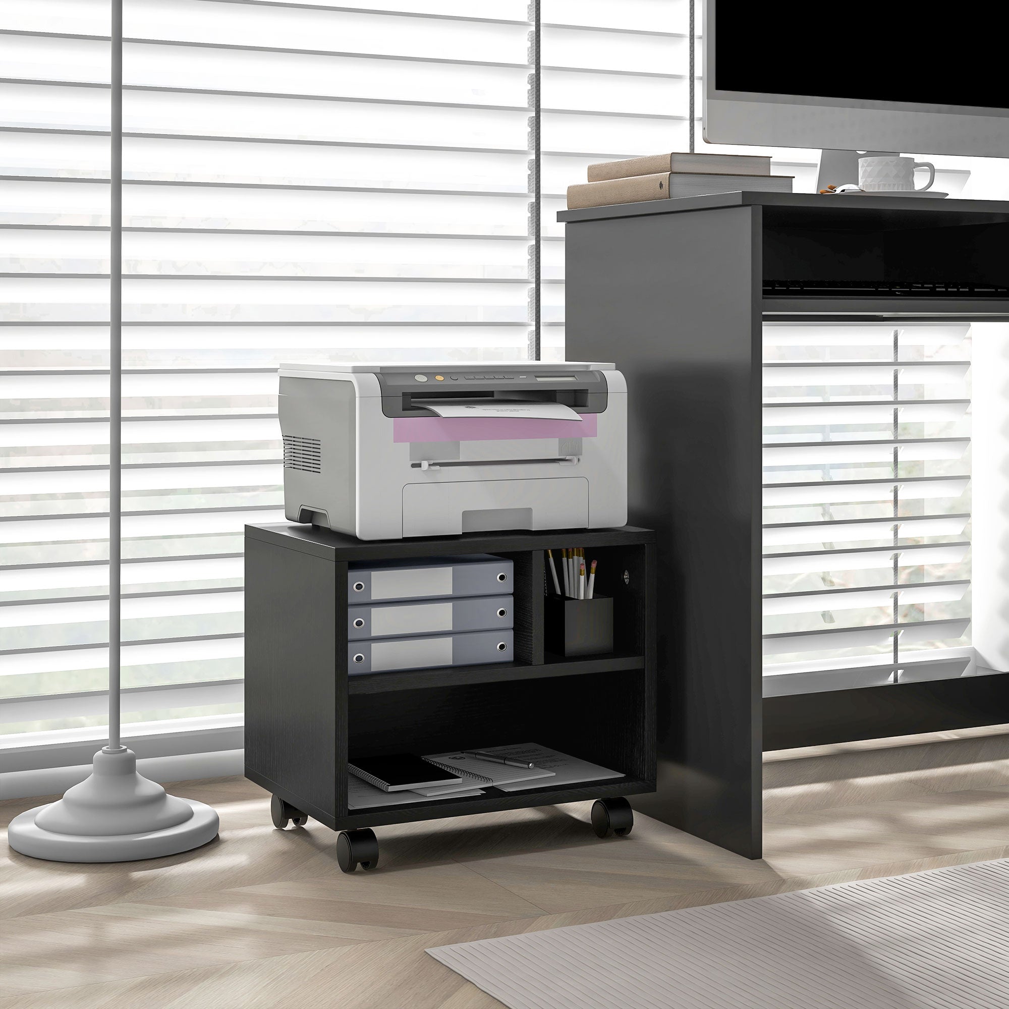 2-Tier Printer Stand with 3 Compartments, Office and Study Cabinet with Wheels, 40x30x36cm, Black