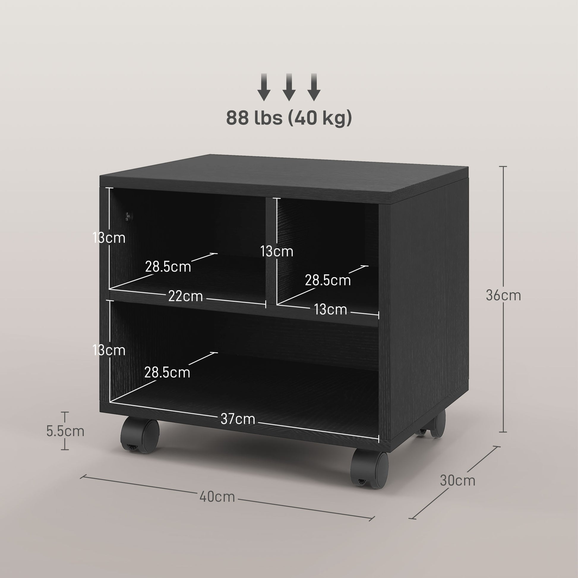 2-Tier Printer Stand with 3 Compartments, Office and Study Cabinet with Wheels, 40x30x36cm, Black