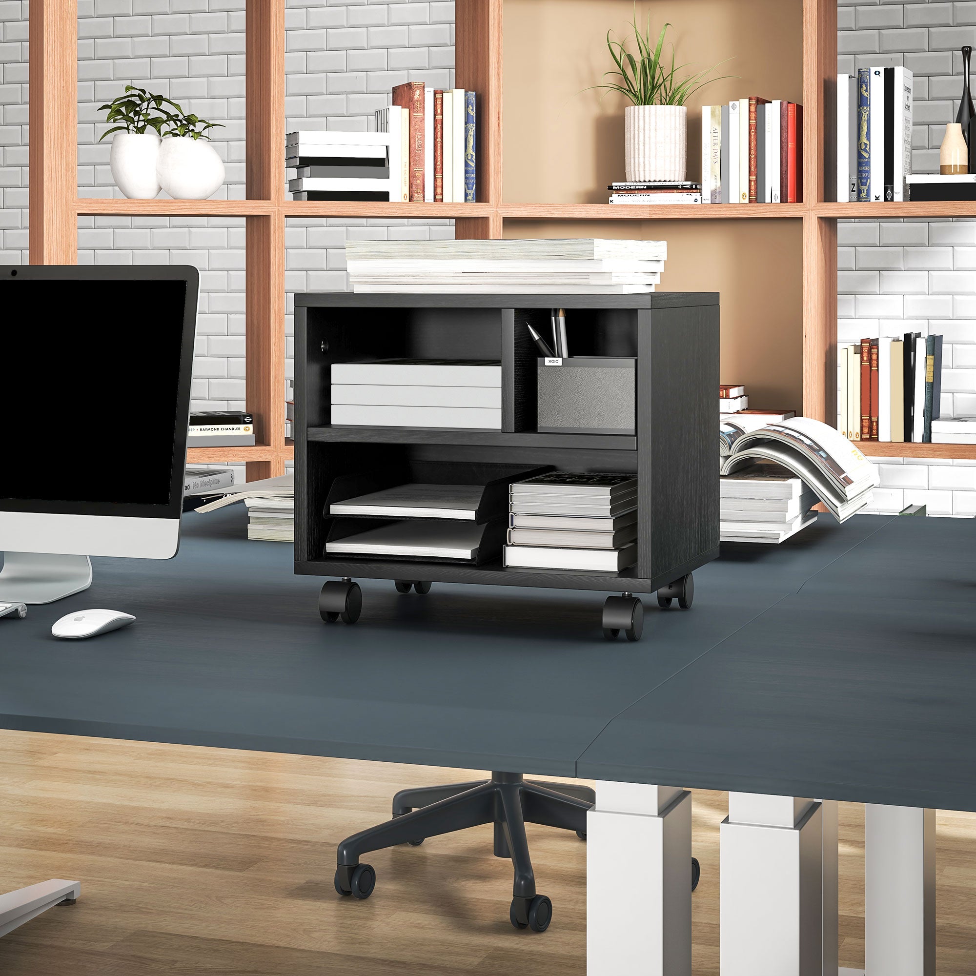 2-Tier Printer Stand with 3 Compartments, Office and Study Cabinet with Wheels, 40x30x36cm, Black