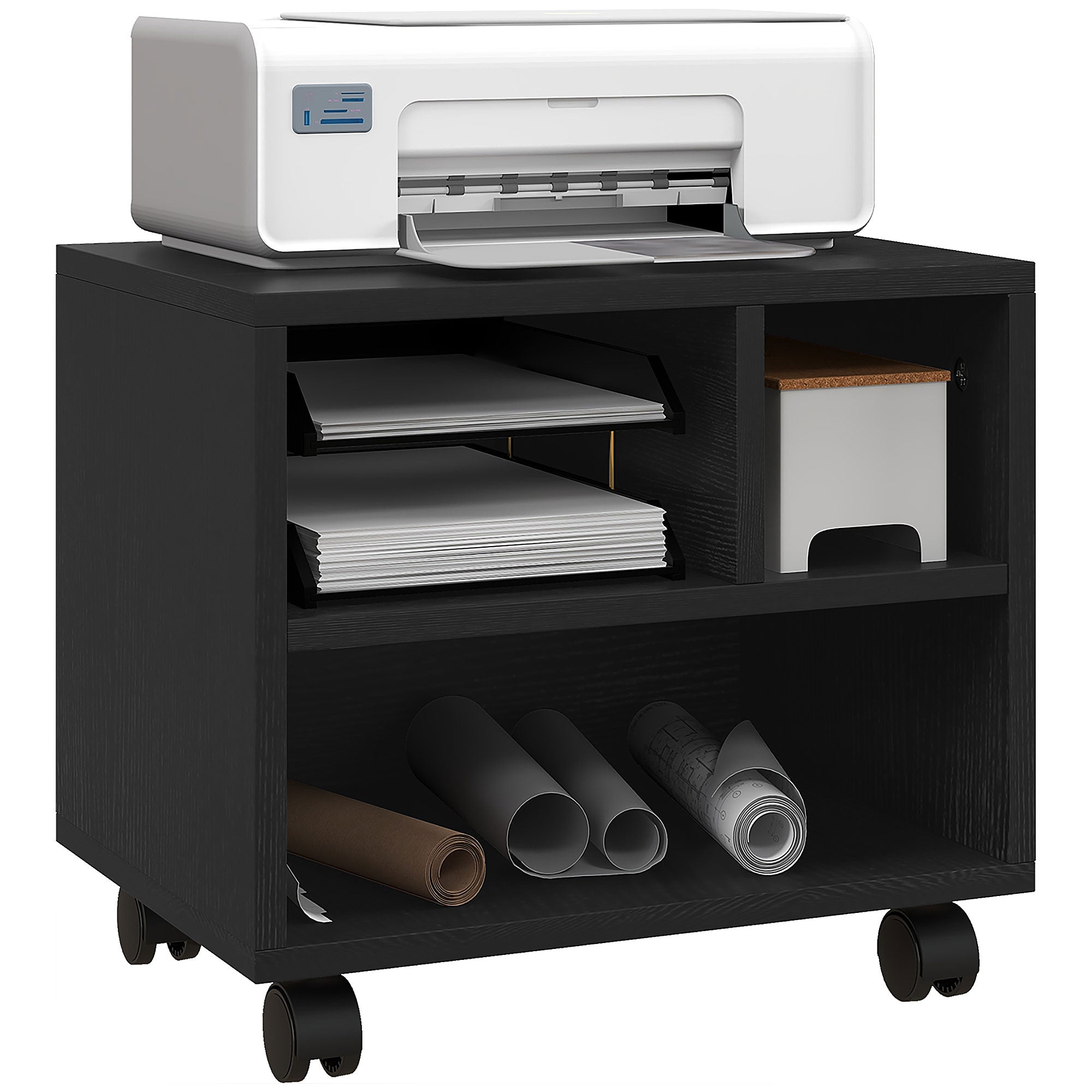 2-Tier Printer Stand with 3 Compartments, Office and Study Cabinet with Wheels, 40x30x36cm, Black