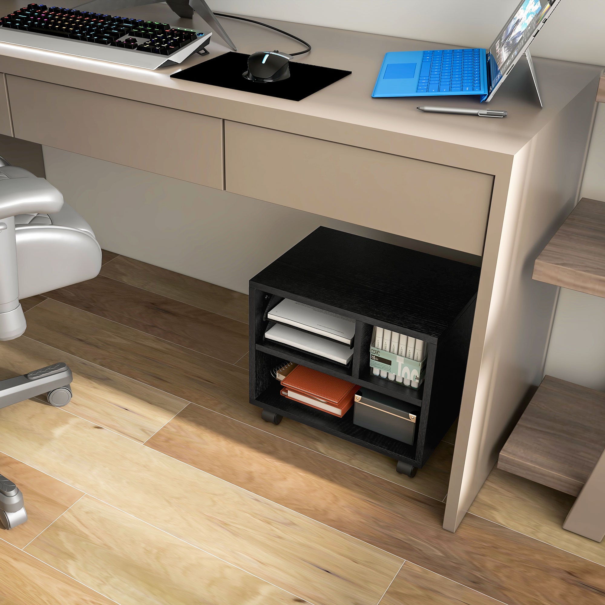 2-Tier Printer Stand with 3 Compartments, Office and Study Cabinet with Wheels, 40x30x36cm, Black