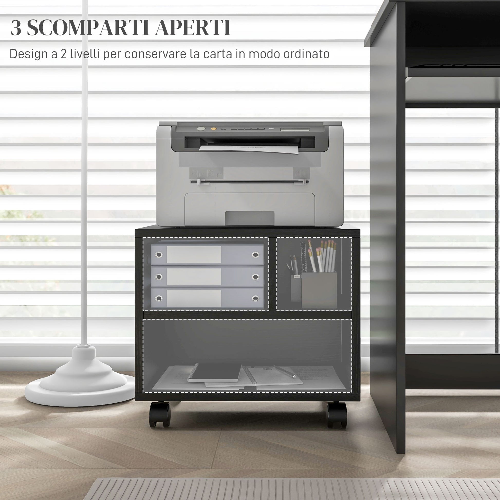 2-Tier Printer Stand with 3 Compartments, Office and Study Cabinet with Wheels, 40x30x36cm, Black