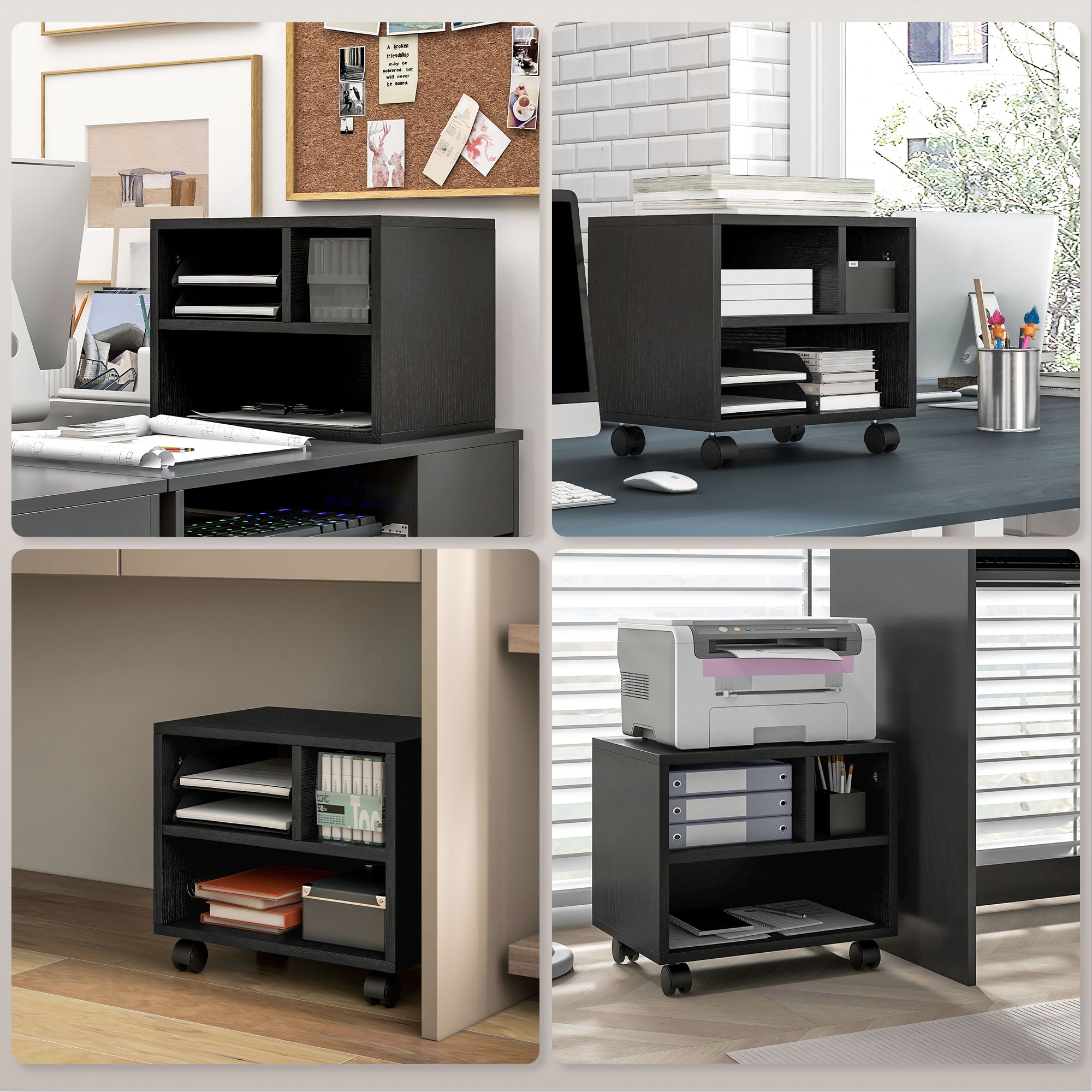 2-Tier Printer Stand with 3 Compartments, Office and Study Cabinet with Wheels, 40x30x36cm, Black