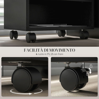 2-Tier Printer Stand with 3 Compartments, Office and Study Cabinet with Wheels, 40x30x36cm, Black