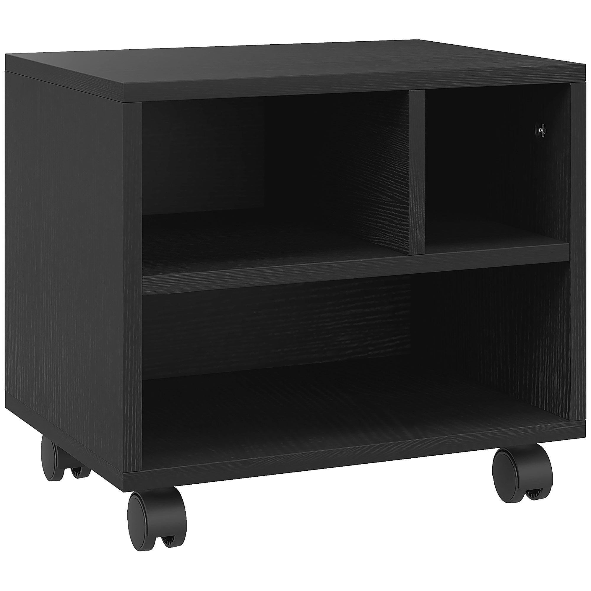 2-Tier Printer Stand with 3 Compartments, Office and Study Cabinet with Wheels, 40x30x36cm, Black