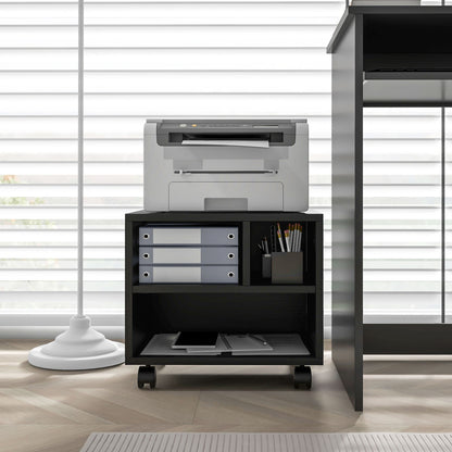 2-Tier Printer Stand with 3 Compartments, Office and Study Cabinet with Wheels, 40x30x36cm, Black