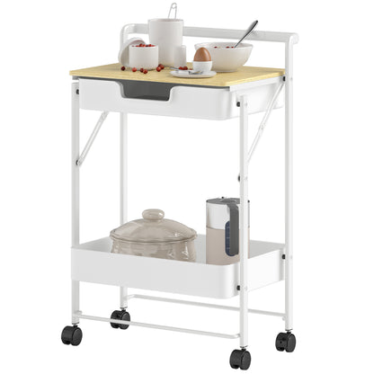 2-Tier Rolling Utility Cart with 1 Drawer and 1 Basket Kitchen Cart Organizer for Bedroom Living Room Office White