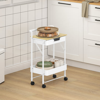 2-Tier Rolling Utility Cart with 1 Drawer and 1 Basket Kitchen Cart Organizer for Bedroom Living Room Office White