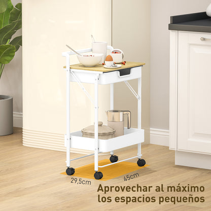 2-Tier Rolling Utility Cart with 1 Drawer and 1 Basket Kitchen Cart Organizer for Bedroom Living Room Office White