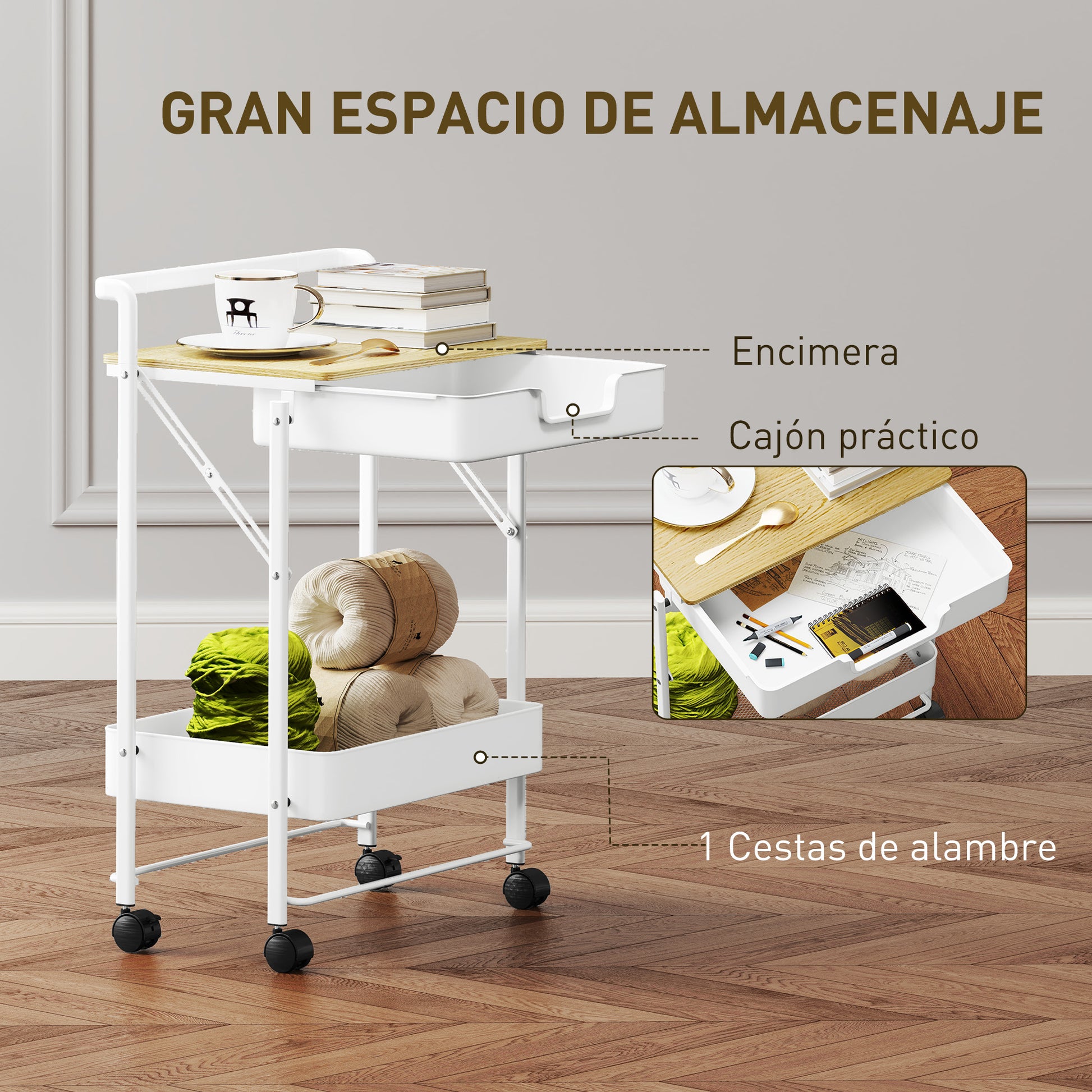2-Tier Rolling Utility Cart with 1 Drawer and 1 Basket Kitchen Cart Organizer for Bedroom Living Room Office White