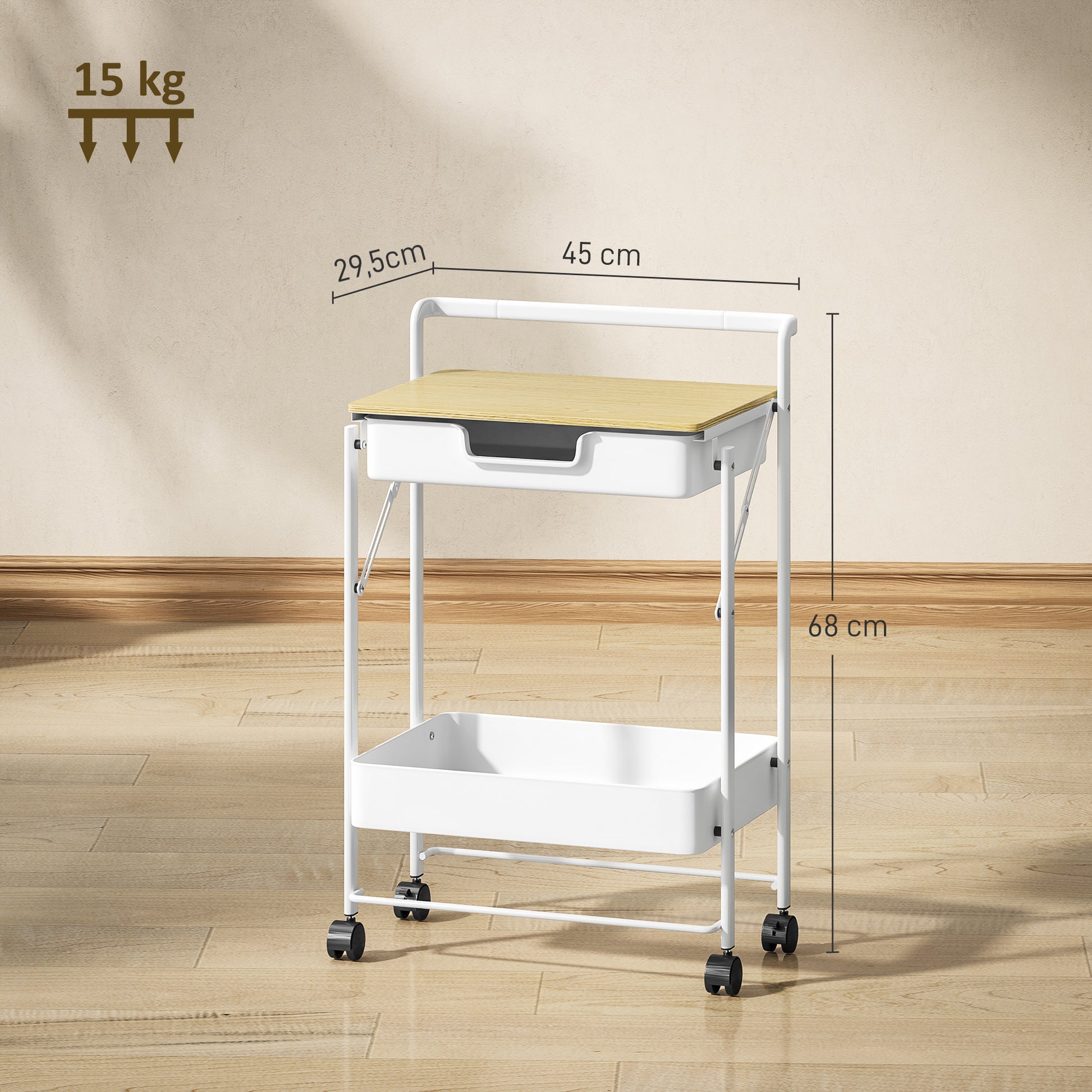 2-Tier Rolling Utility Cart with 1 Drawer and 1 Basket Kitchen Cart Organizer for Bedroom Living Room Office White