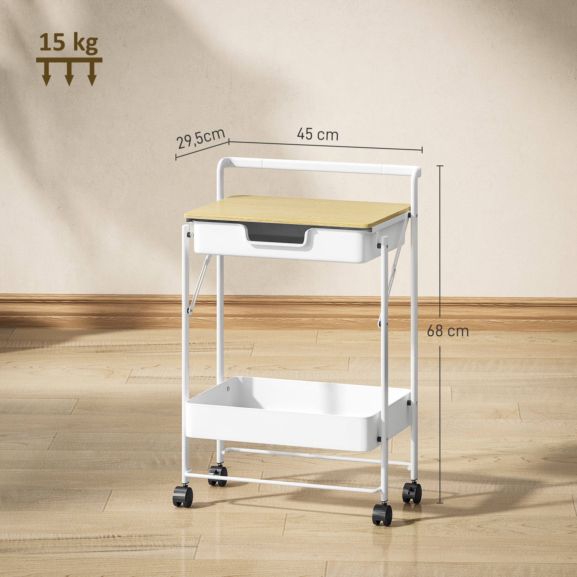 2-Tier Rolling Utility Cart with 1 Drawer and 1 Basket Kitchen Cart Organizer for Bedroom Living Room Office White