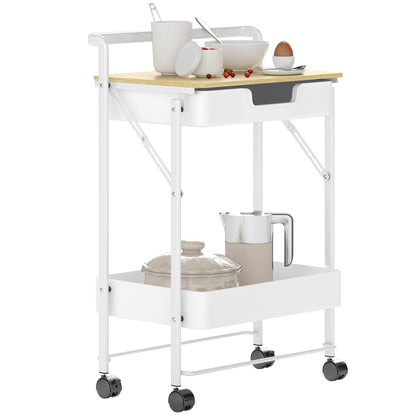 2-Tier Rolling Utility Cart with 1 Drawer and 1 Basket Kitchen Cart Organizer for Bedroom Living Room Office White