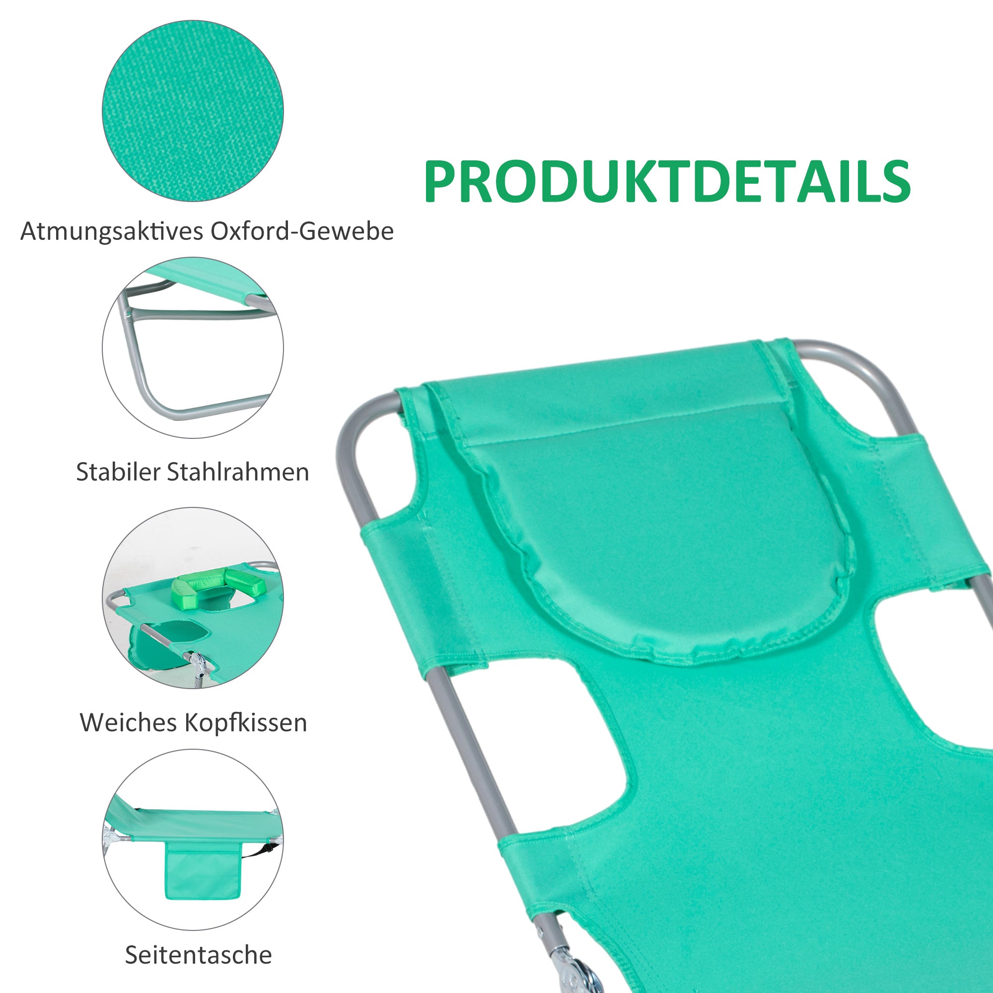 Foldable Sun Lounger Garden Lounger with Reading Window, Headrest, Reclining Chair with 5-Position Adjustable Backrest, Weatherproof Camping Lounger up to 120 kg Load Capacity, for Garden Beach Pool, Green