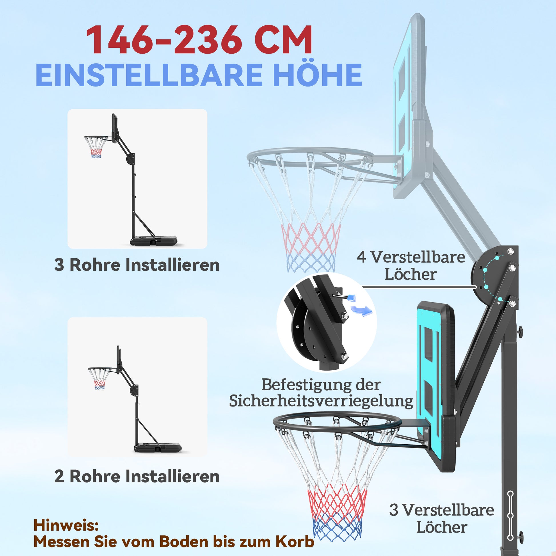 SPORTNOW Outdoor Basketball Hoop with Stand Wheels 146–236 cm Height Adjustable Basketball Stand with 71x45cm Backboard Portable Basket for Teens Adults Indoor Basketball System