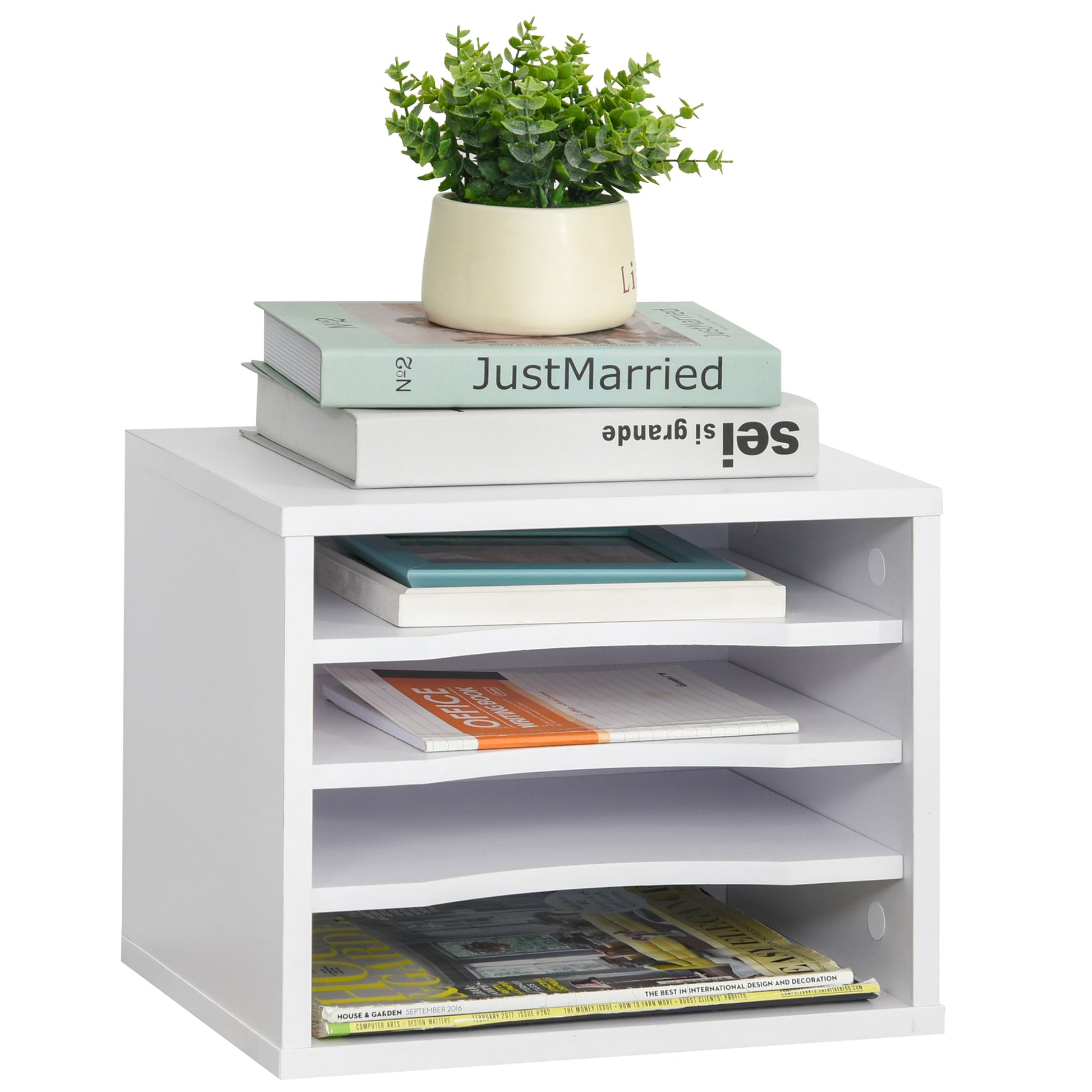 White Wood Desk Organizer with 4 Layers Printer Stand Dim. 35.5L x 25W x 28.6H cm