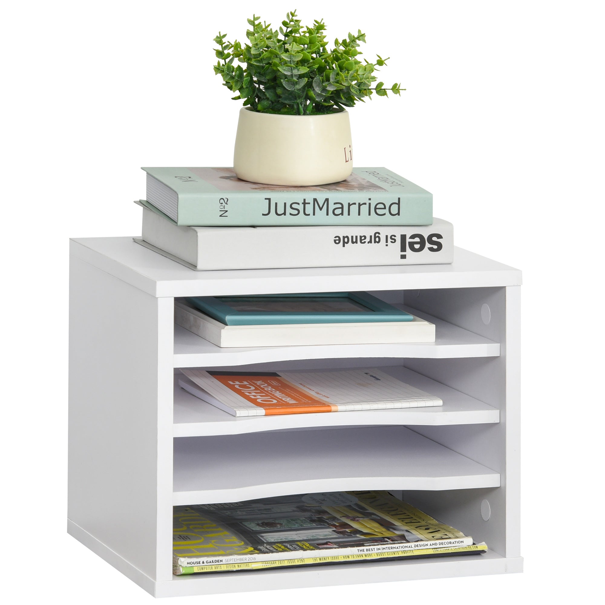 White Wood Desk Organizer with 4 Layers Printer Stand Dim. 35.5L x 25W x 28.6H cm