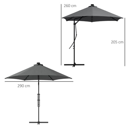 Sun Umbrella, Ø290 cm Cantilever Umbrella with UV Protection, LED Patio Umbrella with Cross Base, Patio Umbrella with Protective Cover, for Garden, Steel, Dark Gray