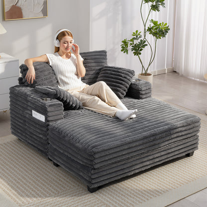 2-Seater Sofa Bed with Chaise, Gray Corduroy, Throw Pillows, Armrests & Cup Holders – 53" x 59"