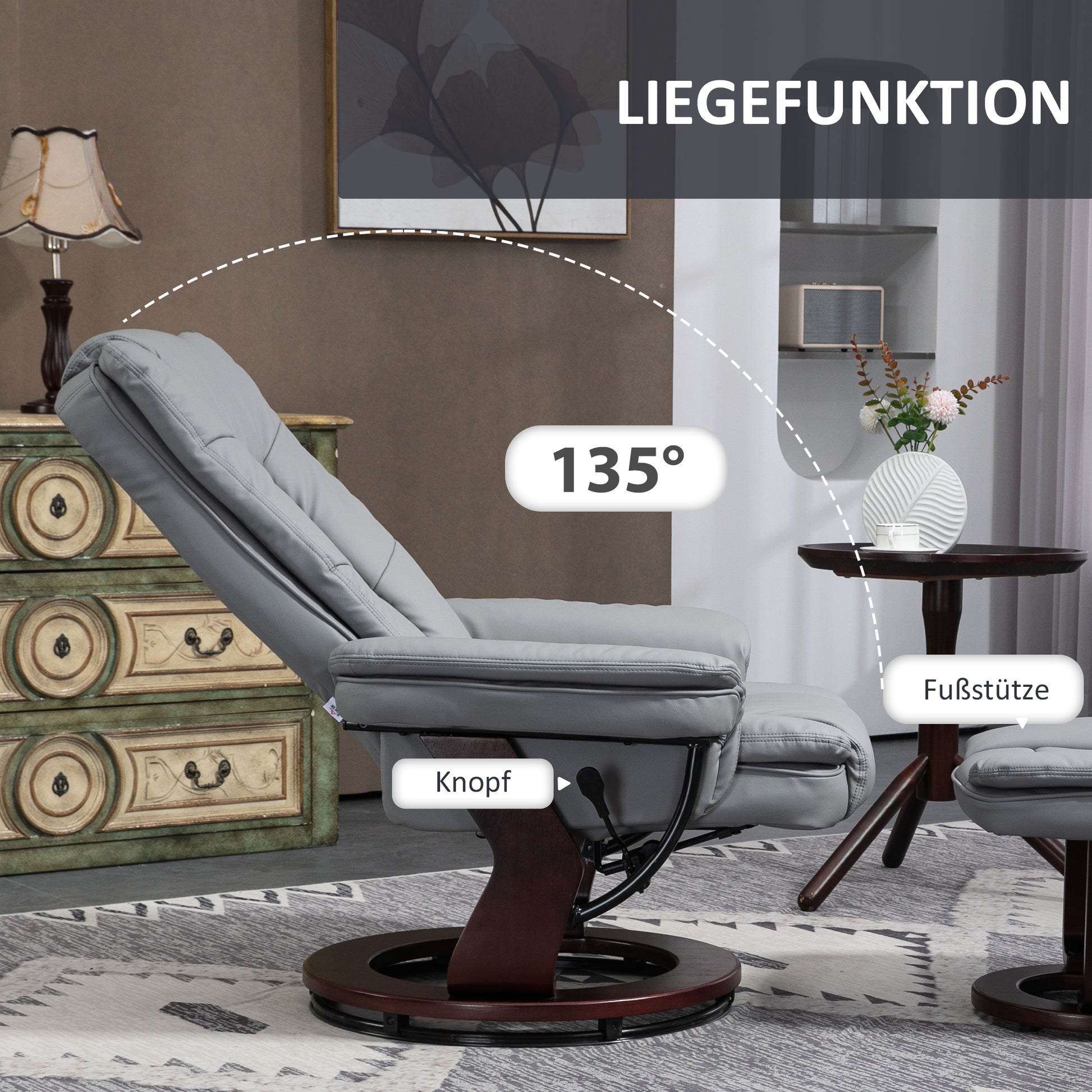 Recliner Chair with Ottoman 360° Swivel TV Chair with Reclining Function Armchair up to 130 kg load capacity for Living Room Faux Leather, Gray