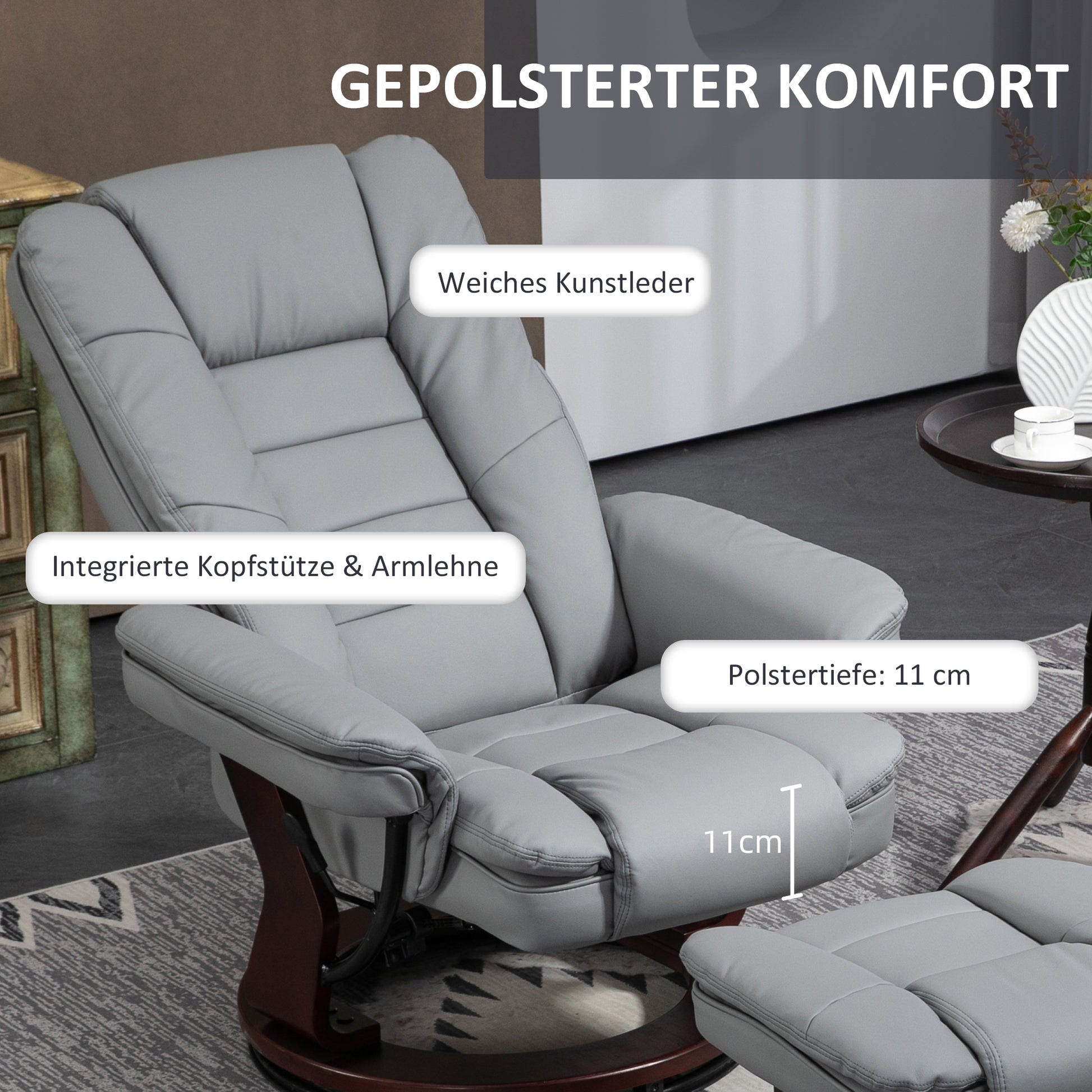 Recliner Chair with Ottoman 360° Swivel TV Chair with Reclining Function Armchair up to 130 kg load capacity for Living Room Faux Leather, Gray