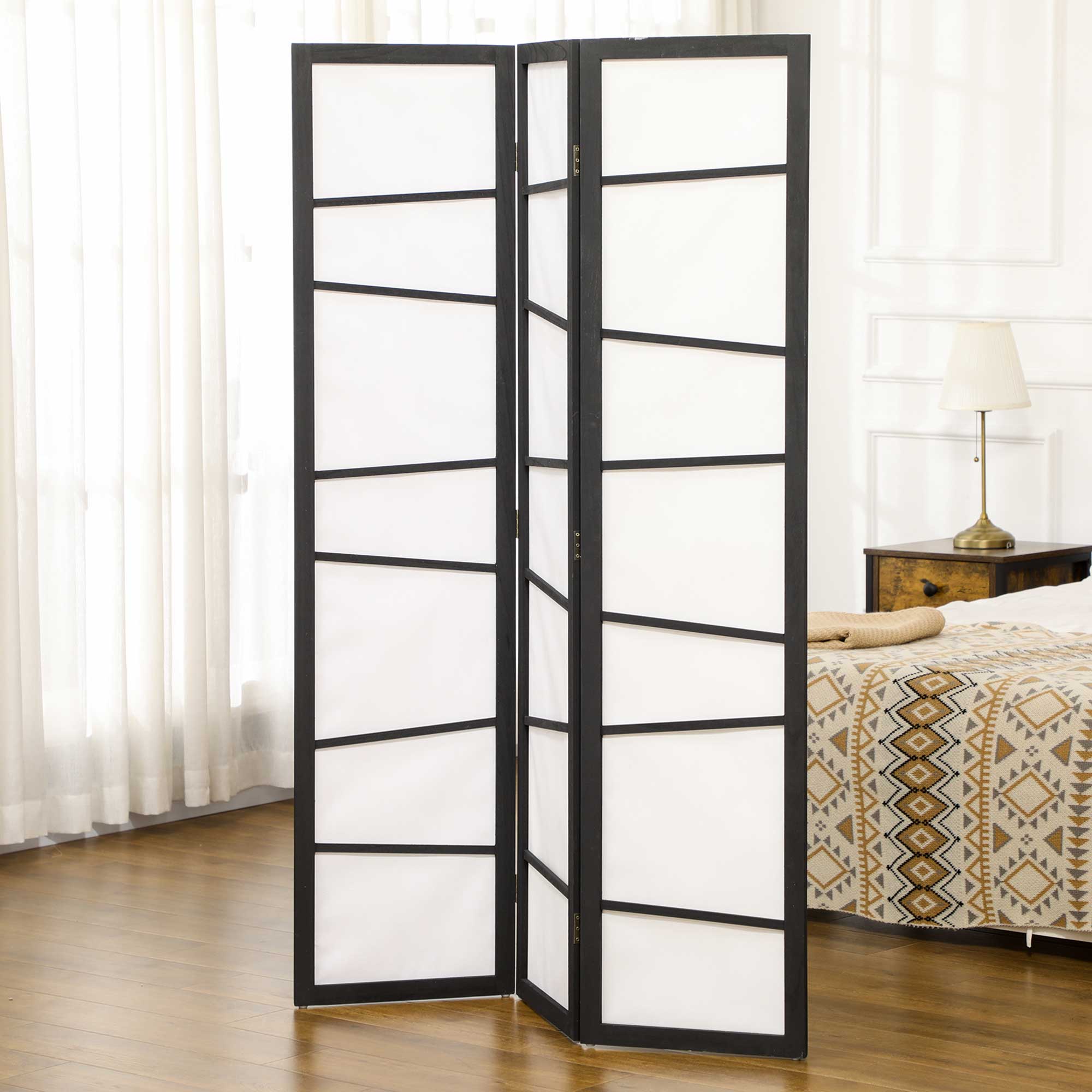 3-Panel Folding Room Divider 120x170 cm Room Separator with Wood Frame for Office Bedroom Living Room Black and White Decoration
