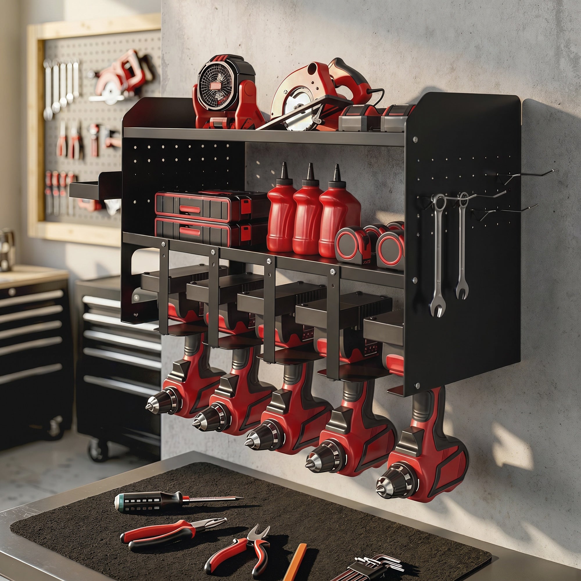 2-Tier Garden Tool Organizer — Wall-Mounted Rack with Hooks & Side Tray, Multi-Purpose Broom Holder for Garage & Shed, Holds up to 110 lb, 24.3 x 9.1 x 12.9 in, Black