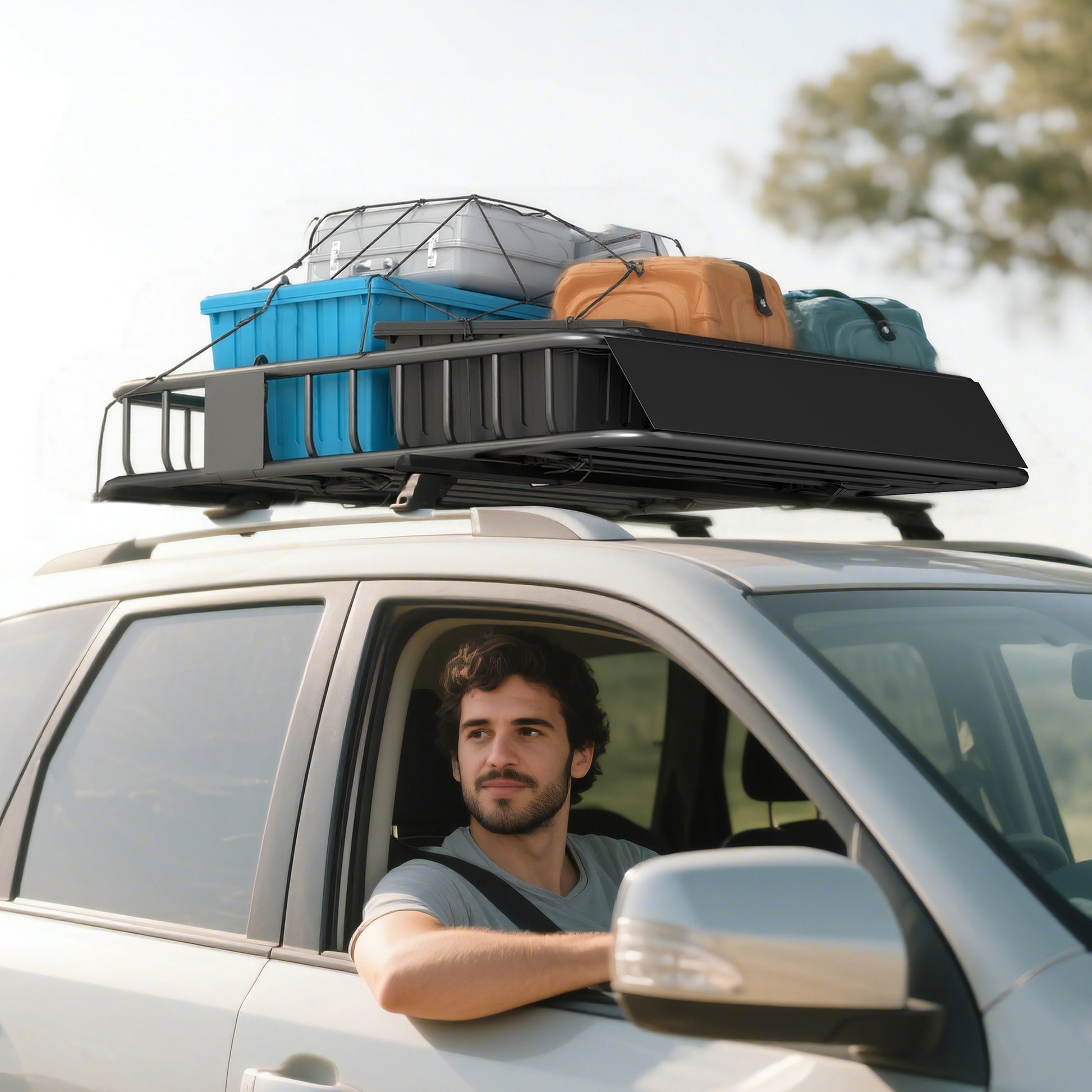 Universal Roof Basket with Wind Deflector, Steel Roof Rack Cargo Carrier, Capacity up to 200 lbs Roof Rack Roof Basket for SUV Trucks 43.5" x 39.2" x 7.3" Black