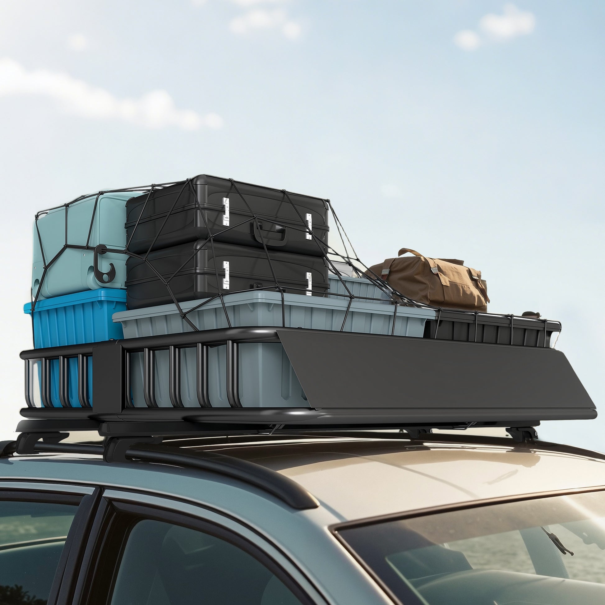 Universal Roof Basket with Wind Deflector, Steel Roof Rack Cargo Carrier, Capacity up to 200 lbs Roof Rack Roof Basket for SUV Trucks 43.5" x 39.2" x 7.3" Black