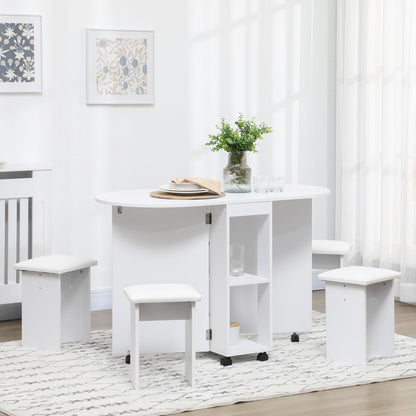 5-Piece Kitchen Set, Folding Table with 2 Shelves and 4 Particle Board Stools, White